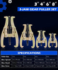 Beefy Heavy Duty Gear Puller Set 3 Inch 4 Inch 6 Inch 8 Inch 3 Jaw Puller Kit displayed with specifications chart
