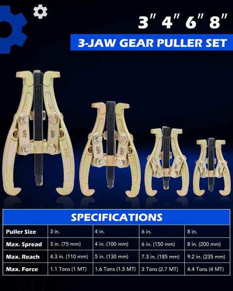 Beefy Heavy Duty Gear Puller Set 3 Inch 4 Inch 6 Inch 8 Inch 3 Jaw Puller Kit displayed with specifications chart