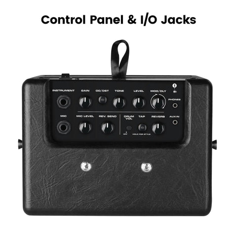 Control panel of the Mighty 8BT MKII 8W Portable Modeling Amp For Acoustic Electric And Bass Guitars with I/O jacks visible
