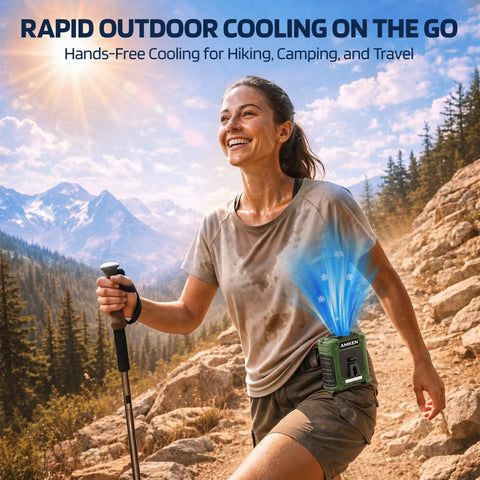 Woman hiking with Waist Clip Fan With 10000mAh Battery Rechargeable Belt Cooler 59 Feet Per Second Airflow 18500 RPM 6 Speed Settings