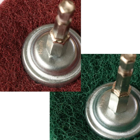Close-up of red and green pads in Six Piece Non Woven Abrasive Buffing And Polishing Wheel Drill Attachment Set with metal shank.