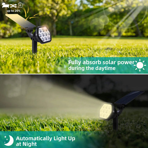 Solar Outdoor Lights 10 LED Landscape Spotlights, day and night view of adjustable wall lights in a garden setting
