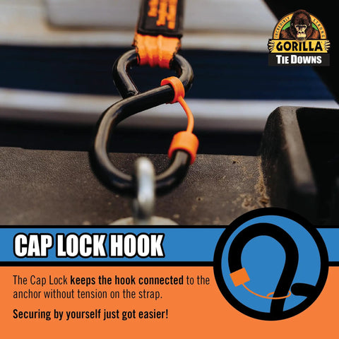 Real Deal Heavy Duty Retractable Ratchet Tie Down Straps Orange One Inch By Sixteen Feet Two Pack with Cap Lock hook detail.