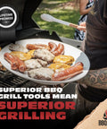 Three Piece BBQ Grillin Accessories Set With Heavy Duty Stainless Steel Tools And Solid Hardwood Handles Tongs Spatula Fork Kit For Grilling Like A Pro Gift displayed with grilled food