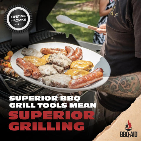 Three Piece BBQ Grillin Accessories Set With Heavy Duty Stainless Steel Tools And Solid Hardwood Handles Tongs Spatula Fork Kit For Grilling Like A Pro Gift displayed with grilled food