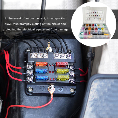 Comprehensive Auto Electric Fuse Assortment Kit With Standard Mini And Low Profile Blades Including Circuit Tester and Fast Puller for Slick Ride, showing installed fuse block.