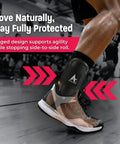 Athlete wearing T2 Ankle Brace with rigid U-shaped shell for maximum stability and lightweight EVA padding, medium size, in gym setting.