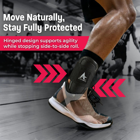 Athlete wearing T2 Ankle Brace with rigid U-shaped shell for maximum stability and lightweight EVA padding, medium size, in gym setting.