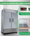 Heavy Duty Fifty Four Inch Commercial Reach In Upright Refrigerator Double Door Stainless Steel Commercial Fridge With Forty Nine Cubic Feet featuring digital thermostat and automatic defrost.