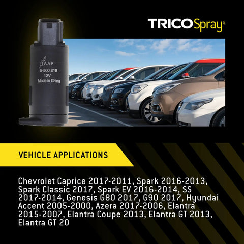 Premium Quality Heavy Duty Automotive Replacement Windshield Washer Fluid Spray Pump with vehicle application details and design.