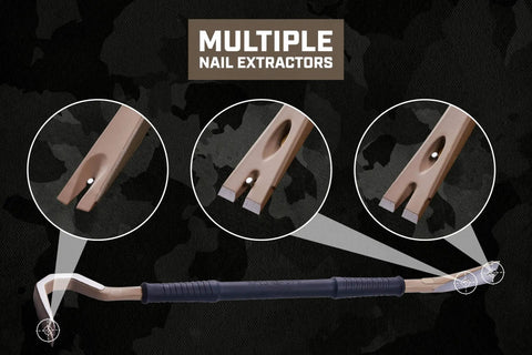 Heavy Duty Pry Bar For Demolition And Nail Pulling With Shock Absorbing Grip, showcasing beveled ends for maximum pry power.