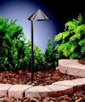 Six Groove Path And Spread 1-Light 12V Landscape Path Light in Textured Architectural Bronze, side-mount, among garden path