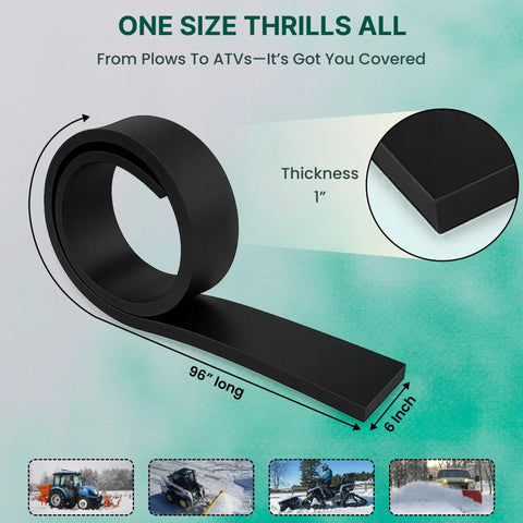 Heavy Duty Snow Plow Rubber Cutting Edge 96 By 6 Inches For Pickup Trucks And Tractors on white background, 1 inch thick, curved and straight edge.