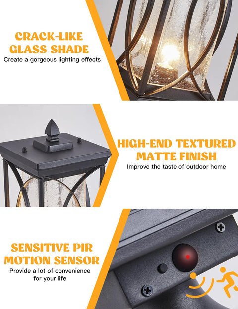 No Brainer Outdoor Post Lantern With PIR Motion Sensor And Dusk To Dawn Sensor crackle glass and matte finish details