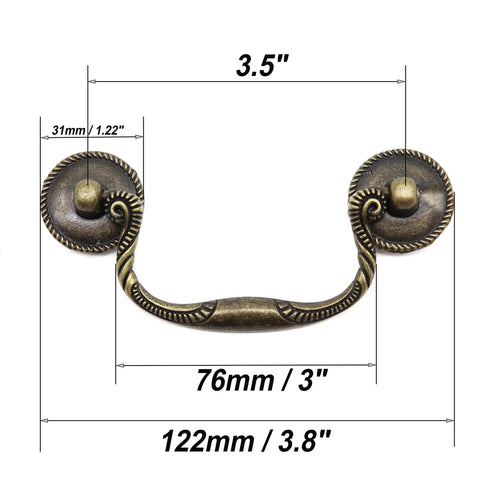 Antique Vintage 3.5 Inch Cabinet Drawer Pulls Set in Zinc Alloy 2 Pack with dimensions and decorative detailing shown