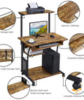 3 Tier Rolling Computer Desk With Keyboard Tray And Printer Shelf For Small Spaces Rustic Brown Mobile Home Office Workstation For Laptops And Desktops 31.5 Inch Long 20 Inch Wide 52 Inch High, showing top shelf, tabletop, keyboard tray, and storage shelves.