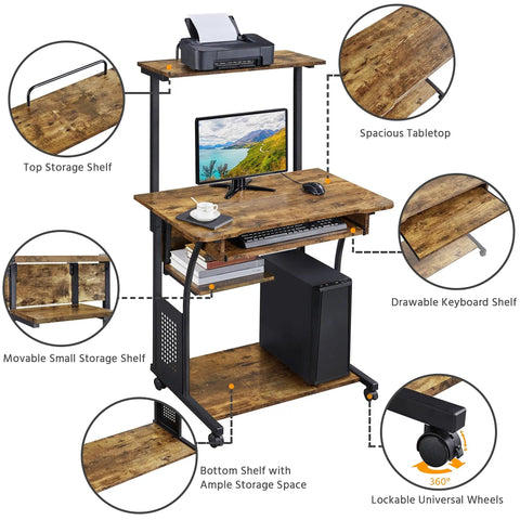 3 Tier Rolling Computer Desk With Keyboard Tray And Printer Shelf For Small Spaces Rustic Brown Mobile Home Office Workstation For Laptops And Desktops 31.5 Inch Long 20 Inch Wide 52 Inch High, showing top shelf, tabletop, keyboard tray, and storage shelves.