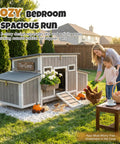Wooden Chicken Coop For Backyard Poultry Flock With Three Weatherproof Asphalt Roofs Removable Tray Two Nesting Boxes Ramp Entry Ventilation Windows And Cozy Rabbit Hutch For Easy Outdoor Living in a garden with child and mother nearby
