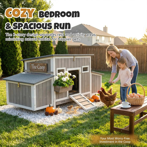 Wooden Chicken Coop For Backyard Poultry Flock With Three Weatherproof Asphalt Roofs Removable Tray Two Nesting Boxes Ramp Entry Ventilation Windows And Cozy Rabbit Hutch For Easy Outdoor Living in a garden with child and mother nearby
