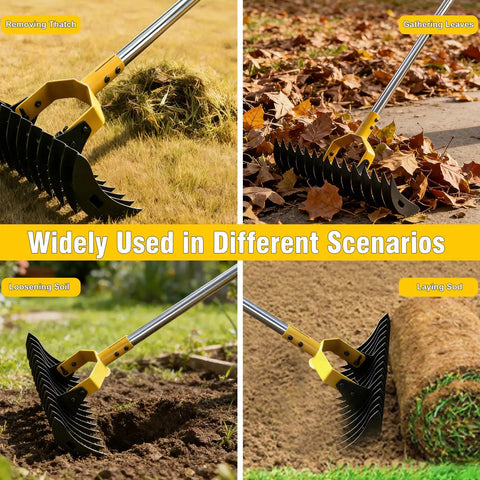 2 In 1 Lawn Dethatcher Rake With Dual Side Tines, Heavy Duty 15 Inch Rake For Dethatching, shown in various garden uses.