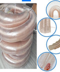 Heavy Duty Workhorse Air Duct Hose For Woodworking Dust Collection Debris Management With Reinforced Steel Wire Core For Kink Free Flex Flow And Rock Solid Shop Performance Three Point Three Feet Long One Point Five Inch Diameter coiled in packaging.