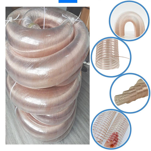 Heavy Duty Workhorse Air Duct Hose For Woodworking Dust Collection Debris Management With Reinforced Steel Wire Core For Kink Free Flex Flow And Rock Solid Shop Performance Three Point Three Feet Long One Point Five Inch Diameter coiled in packaging.