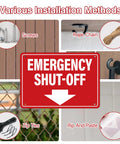 Badass Emergency Shut Off Sign Sticker With Knockout Down Arrow Hella Waterproof Self Adhesive Heavy Duty Safety Marker For Power Tools And Factory Equipment displayed with installation methods.