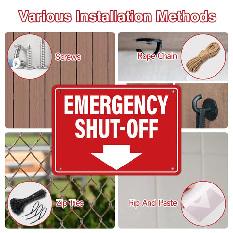 Badass Emergency Shut Off Sign Sticker With Knockout Down Arrow Hella Waterproof Self Adhesive Heavy Duty Safety Marker For Power Tools And Factory Equipment displayed with installation methods.
