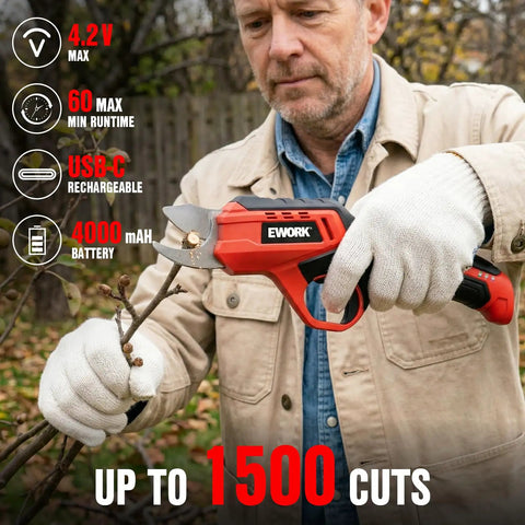 Man using cordless electric pruning shears with 0.7 inch cutting diameter 4000mAh battery SK5 blades tool for branch trimming