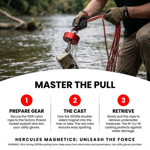 Heavy Duty 2000 Lb Double Sided Fishing Magnet Kit With 100 Ft Rope And Carabiner in action at a river.