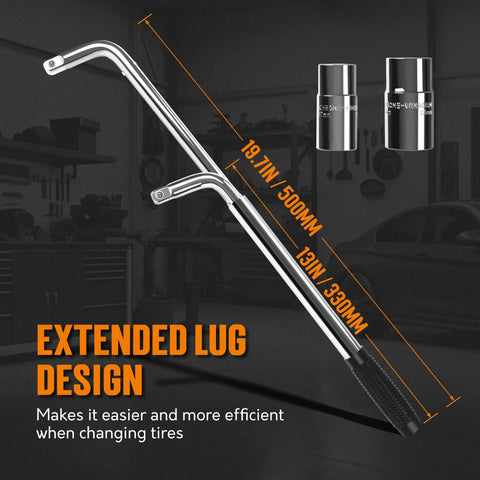 Telescoping Lug Wrench Kit With 1/2 Drive And Dual End Sockets 17/19mm And 21/23mm, Heavy Duty Chrome Vanadium Construction