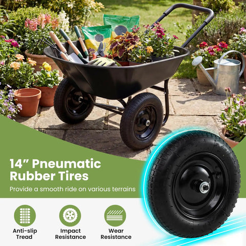 Dual Wheel Wheelbarrow With 14 Inch Pneumatic Tires 330 Lb Capacity Heavy Duty Workhorse Garden Cart on patio with plants