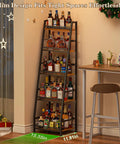 Roomy 5 Tier Trapezoid Liquor Cabinet For Home Bar Space Beefy Freestanding Wine Rack Holds Dozens Of Bottles With Clear Viewing Angles And Chill Storage Vibe, slim wooden design in corner with liquor bottles.