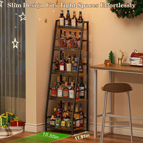 Roomy 5 Tier Trapezoid Liquor Cabinet For Home Bar Space Beefy Freestanding Wine Rack Holds Dozens Of Bottles With Clear Viewing Angles And Chill Storage Vibe, slim wooden design in corner with liquor bottles.