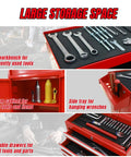Collage showing features of Beefed Up Rolling 5 Drawer Tool Chest with Locking Drawers and side tool rack in bold red