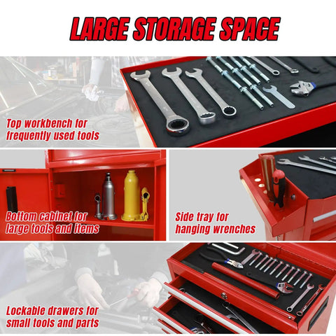 Collage showing features of Beefed Up Rolling 5 Drawer Tool Chest with Locking Drawers and side tool rack in bold red