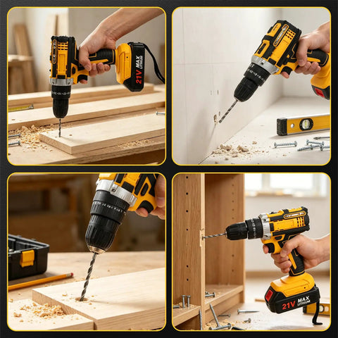 Rugged 21V Cordless Drill Kit Featuring Rechargeable Batteries And Quick Release Keyless Chuck for furniture assembly drilling into wood and drywall.