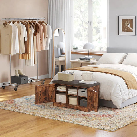 Bedroom with Rustic Brown Entryway Shoe Bench With Doors Cushioned Seat 2 Tier Shoe Rack With Six Cubbies 31.5 Inch L 13.8 Inch W