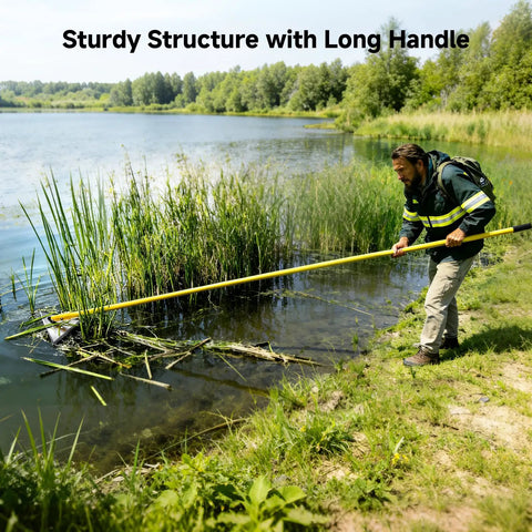 Extendable Pond Weed Cutter Kit With A Three-Sided Blade And Aluminum Poles For Cattails And Garden Weeds Angled Cutting Without Repositioning Durable Yellow Tool For Quick Yard Cleanup And Lawn Pond Maintenance. Man uses long yellow pond weed cutter at lake edge