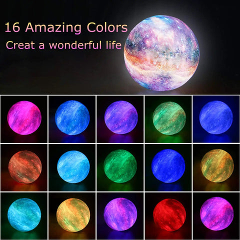 Lit Galaxy Moon Night Light With Stand And Remote, 3D Printed Moon Lamp In 16 Colors, USB Rechargeable