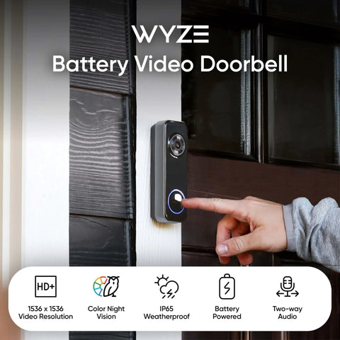Person pressing Battery Video Doorbell Wireless Camera Cordless With 1 To 1 Head To Toe View And Color Night Vision on wall