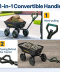 Heavy Duty Garden Cart With 4 Cu Ft Dump Wagon And 660 Lb Capacity, 2 In 1 Convertible Handle For ATV Or Tractor, 10 Inch All Terrain Wheels with hand-pulling and towing options.
