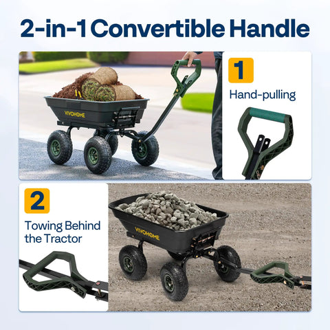 Heavy Duty Garden Cart With 4 Cu Ft Dump Wagon And 660 Lb Capacity, 2 In 1 Convertible Handle For ATV Or Tractor, 10 Inch All Terrain Wheels with hand-pulling and towing options.