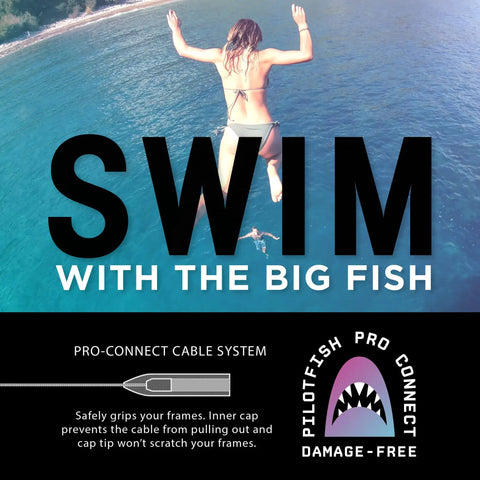 Person jumping into water wearing sunglasses with Adjustable No Tail Eyewear Retainer Cable Strap For Sunglasses And Glasses, 14 Inch Or 16 Inch, Secure Fit For Any Activity, Tactical Black, Keeps Frames From Slipping And Falling During Outdoor Adventures. Text: Swim With The Big Fish.