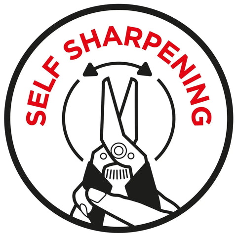 Diagram of Ultra Sharp 8 Inch Kitchen Shears And Garden Snips In Red With Safety Lock, showing self-sharpening feature