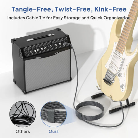 Rugged Quarter Inch TRS Guitar Cable 10ft 2-Pack connected to guitar and amp, with cable tie on floor.