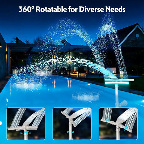 Solar Pool Fountain With 9 Color LED Lights And Dual Head Adjustable Waterfall, Auto On Off With Dusk To Dawn Sensor, Remote Control shown installed in a pool with illuminated water streams.