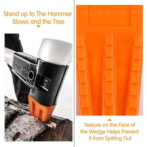 Front view of NEO-TEC 6-pack tree felling wedges; orange plastic wedges with textured faces for grip, sized 5.5" and 8".