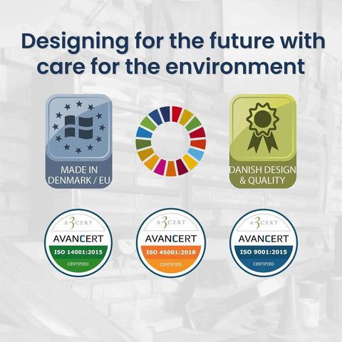 Sustainability and quality badges, including Danish Design, EU Made, and ISO certifications, with a colorful circular logo