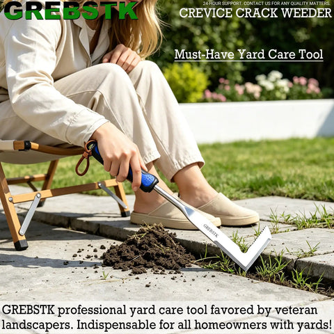 Person using Crevice Weeder Tool With Stainless Steel Double Sided L Shaped Blade For Tight Spaces Like Patio Stones Driveway Cracks
